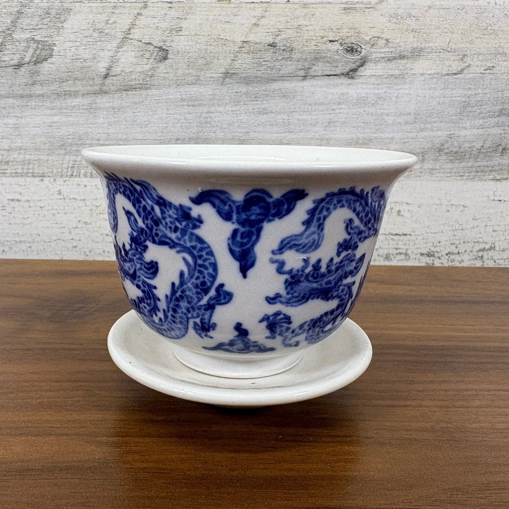 Vintage Chinese Blue Porcelain Dragon Bowl Cobalt Blue with Base 3.5" Diameter